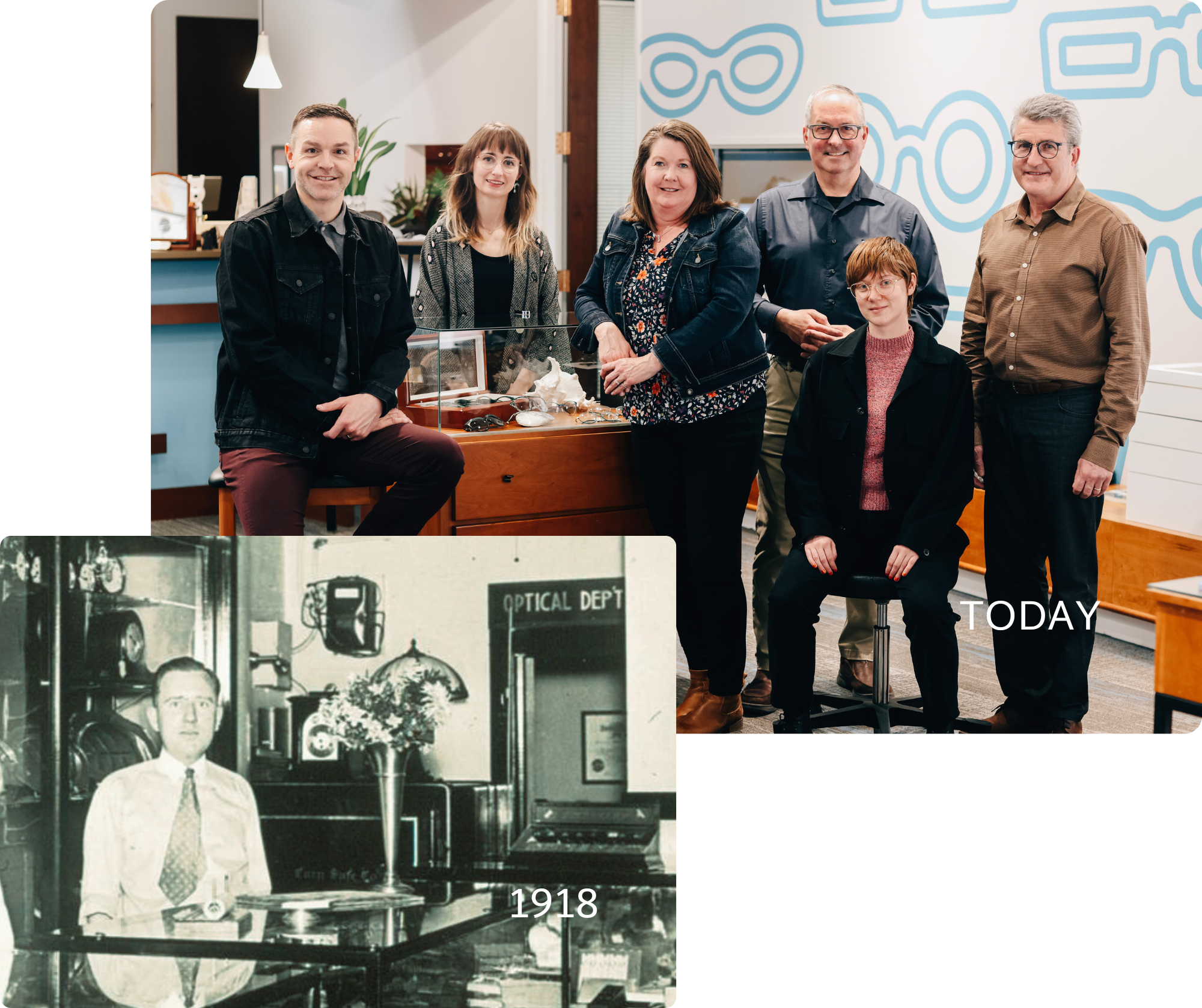 A collage of portraits of the current Moss Optical eyecare team, and a picture of George Oliver Moss in 1918.